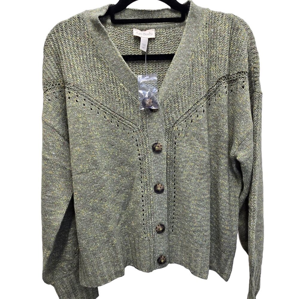 NEW AnyBody Novelty Stitch Button Front Cardigan Sweater Dusty Green Medium $60